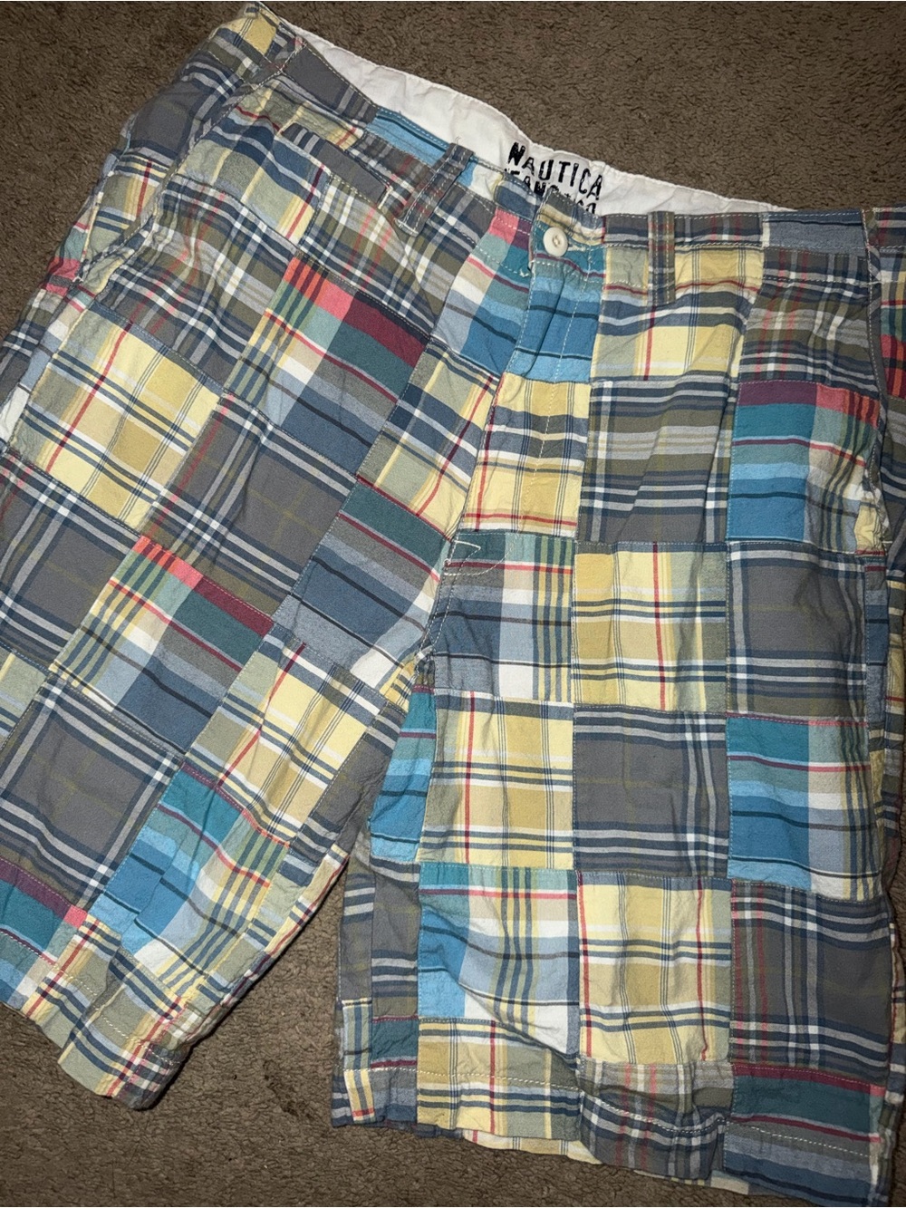 Nautica (Madras) Plaid Cargo Shorts in Blue, Yellow, Gray